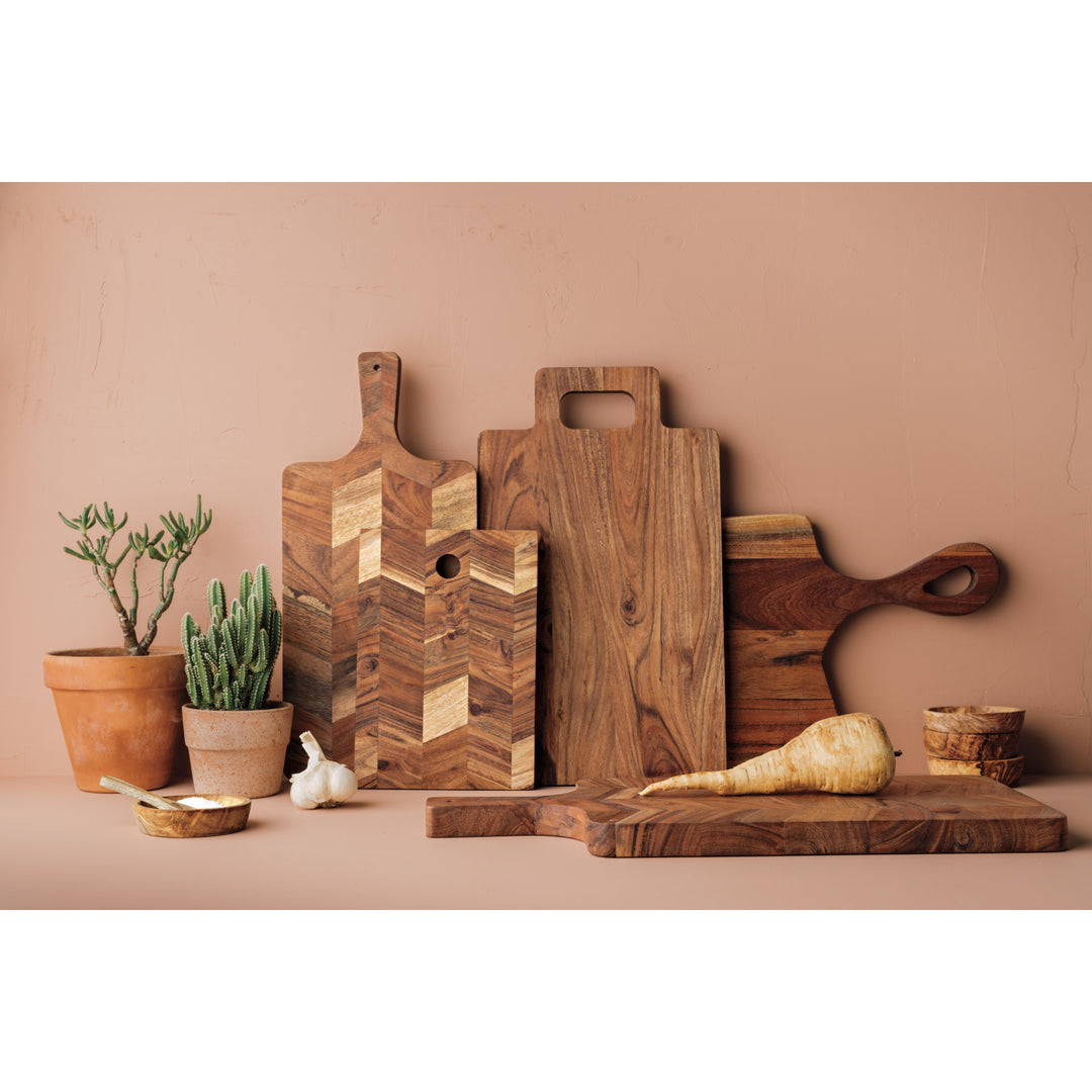 Danica acacia wood serving paddle displaying a flat, rectangular serving board with natural wood grain for cheese or snacks.