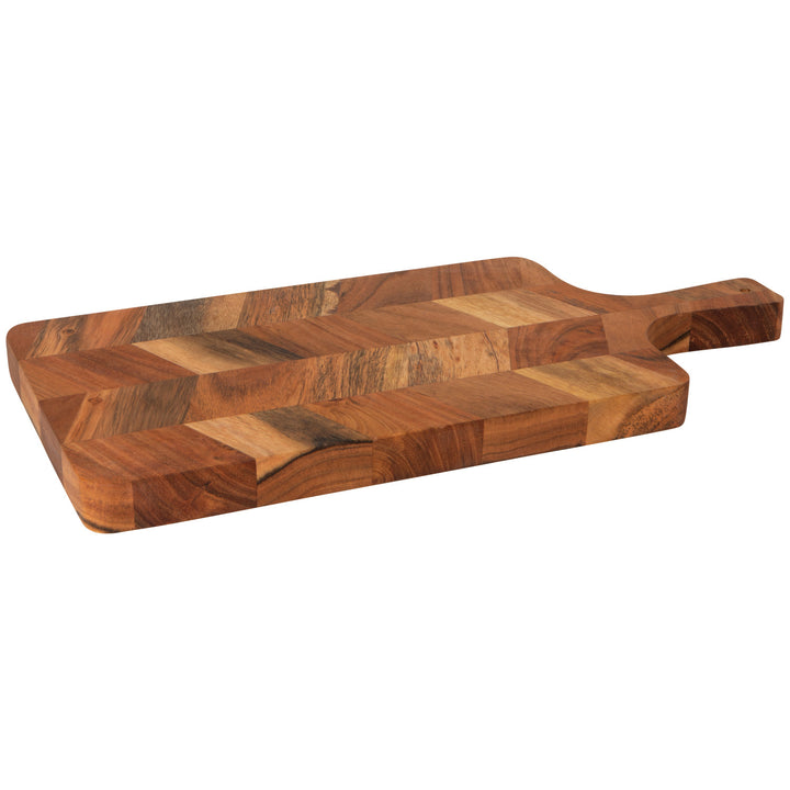 Danica acacia wood chevron serving board showing a stylish geometric pattern and smooth, polished surface for serving snacks or cheese.