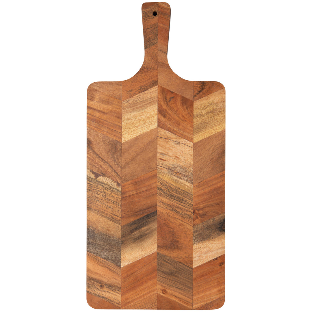 Danica acacia wood chevron serving board with natural wood grain and handcrafted design for serving cheeses and snacks.