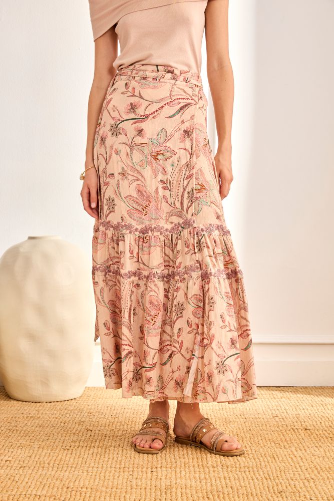 NKN by Nekane Ali floral boho maxi skirt with vibrant floral pattern, flowing fabric, and high waist design.