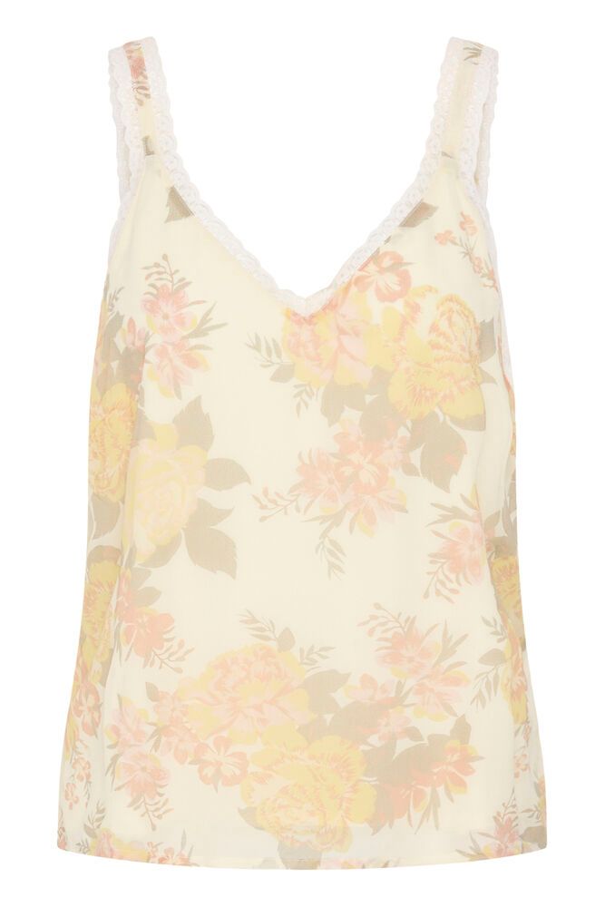 Cream Alitia sleeveless floral tank top featuring a soft floral pattern with lace trim and a relaxed fit, perfect for warm weather.