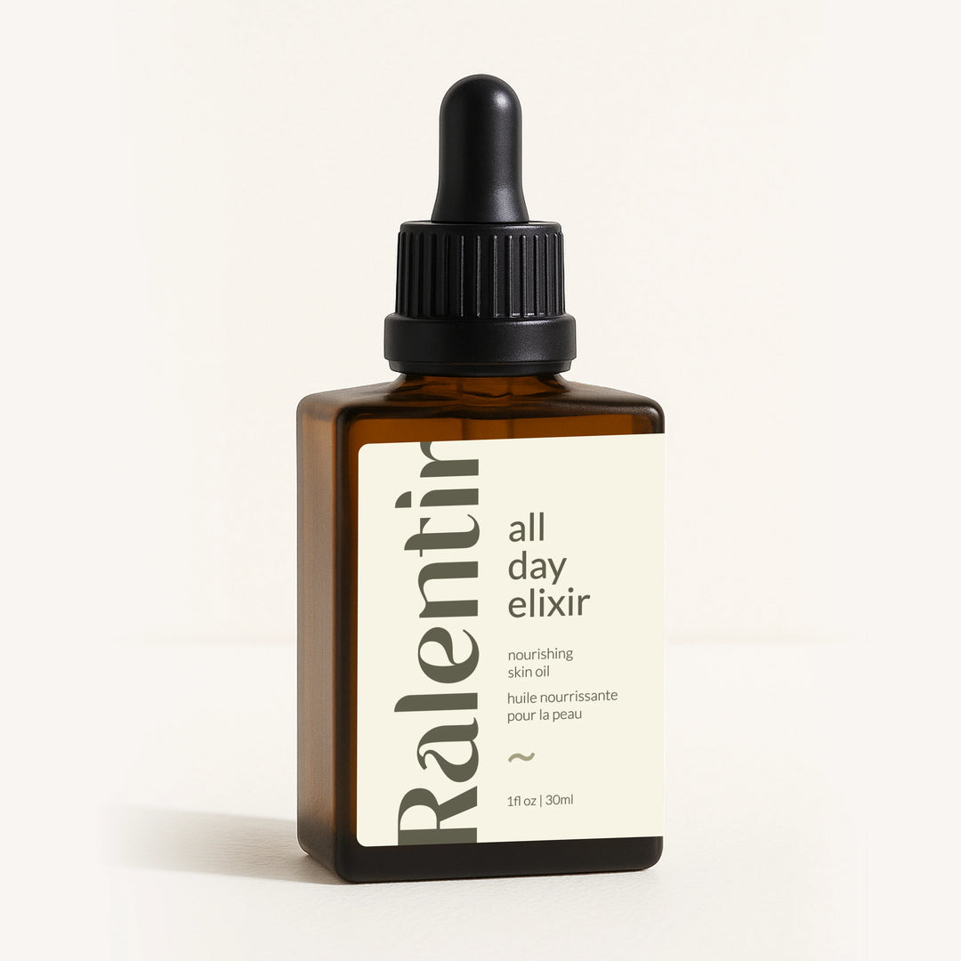 All Day Natural Skincare Elixir bottle with dropper, featuring a sleek glass container and natural skincare branding