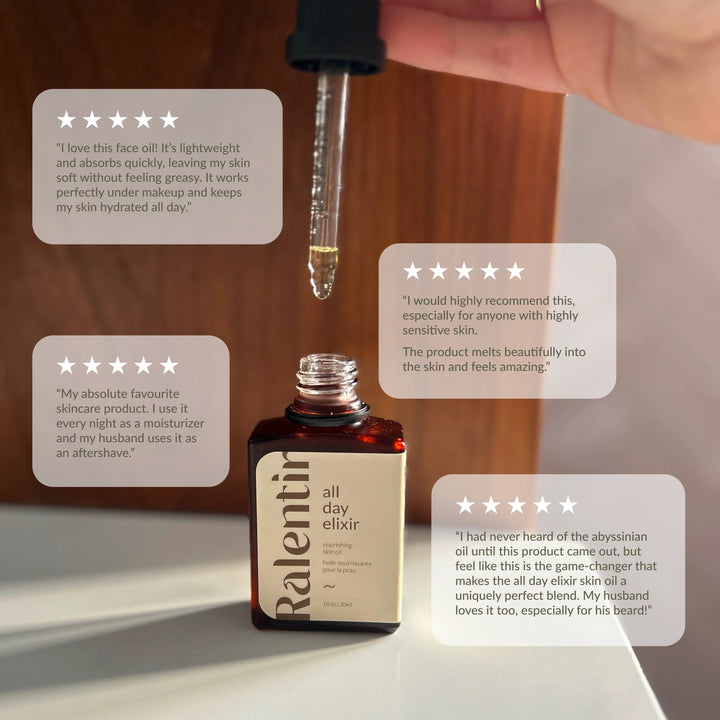 Bottle of Ralentir All Day Natural Skincare Elixir with dropper, showing clear glass and golden liquid for nourishing skin.
