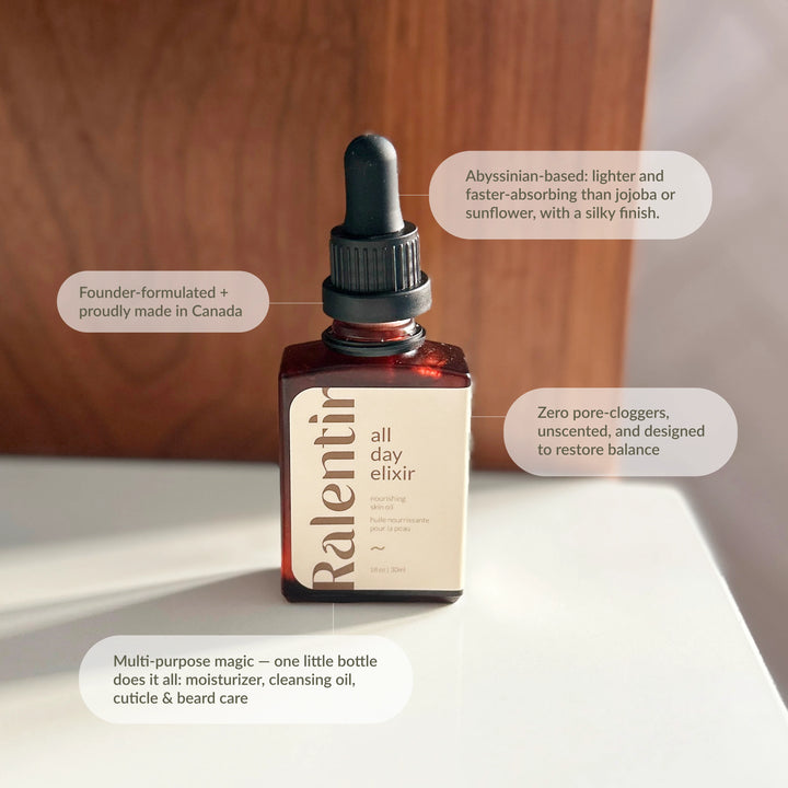 Bottle of All Day Natural Skincare Elixir by Ralentir, a nourishing skin care elixir with natural ingredients in a sleek glass bottle.