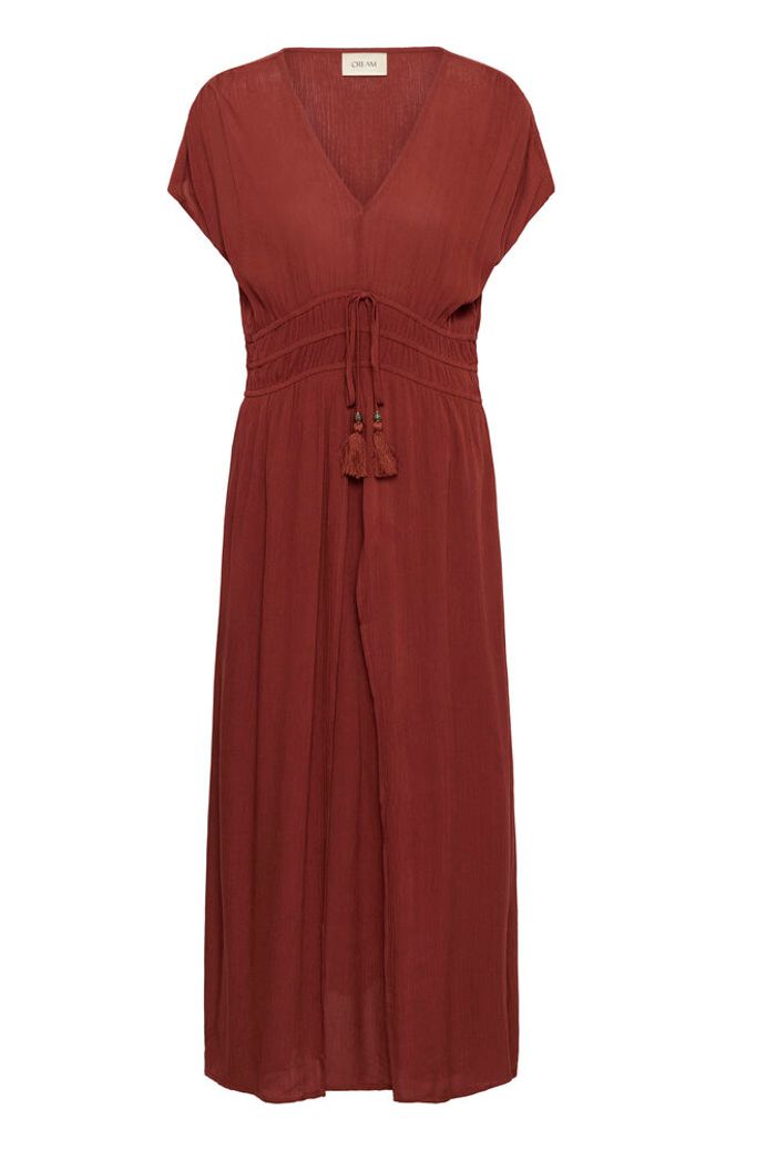 Cream Allie Maxi Dress featuring a flowing boho silhouette, sleeveless design, and elegant viscose fabric in deep red for a stylish summer look.