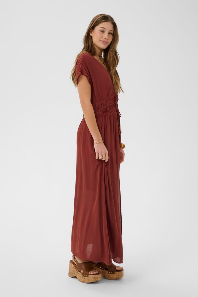 Cream Allie Maxi Dress, flowing sleeveless dress with a fitted waist and V-neckline, and boho feel.