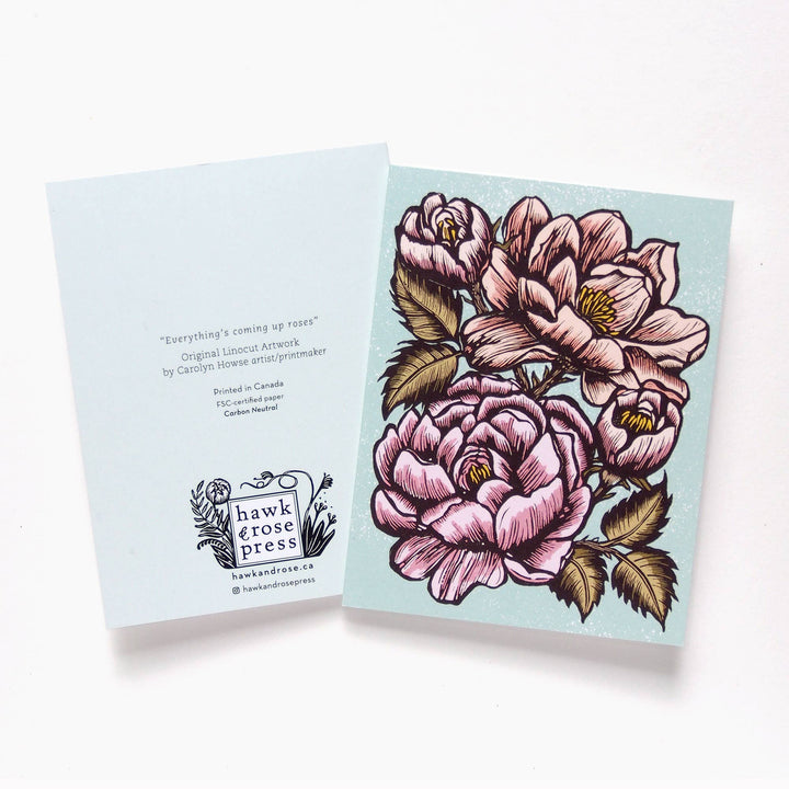 Artist print linocut blank greeting card with pink rose flower blossoms.