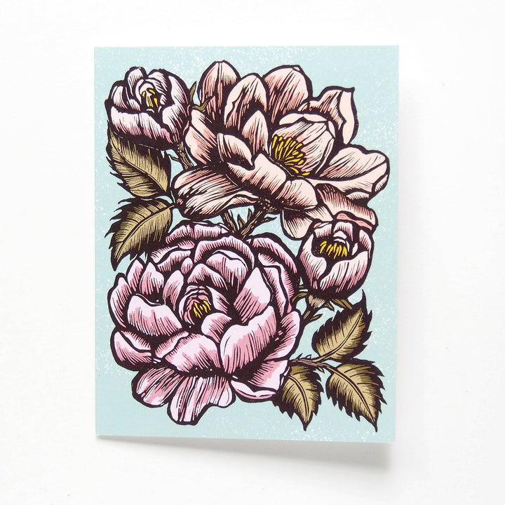 Artist print linocut blank greeting card with pink rose flower blossoms.