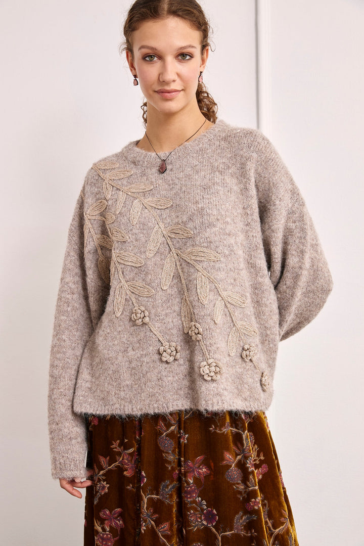 NKN Nekane Asel floral applique knit sweater featuring embroidered floral details and a cozy, stylish design.