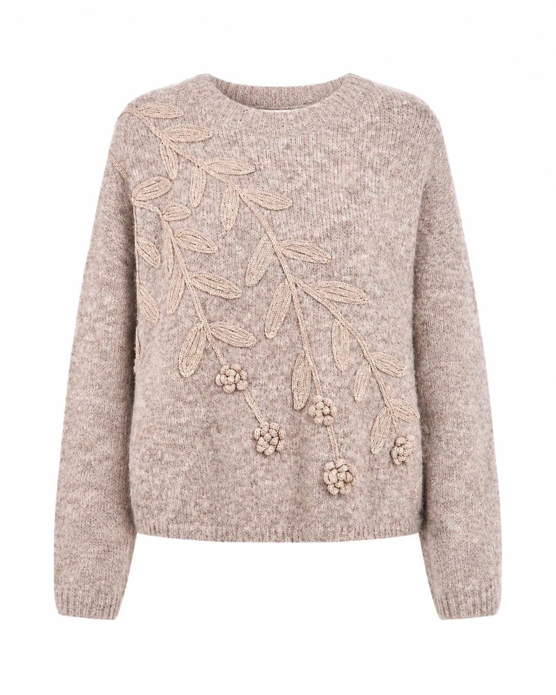 NKN Nekane Asel floral applique knit sweater featuring intricate embroidered floral details, cozy and stylish pullover for women.