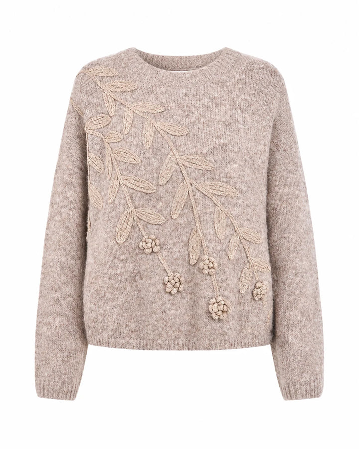 NKN Nekane Asel floral applique knit sweater featuring intricate embroidered floral details, cozy and stylish pullover for women.