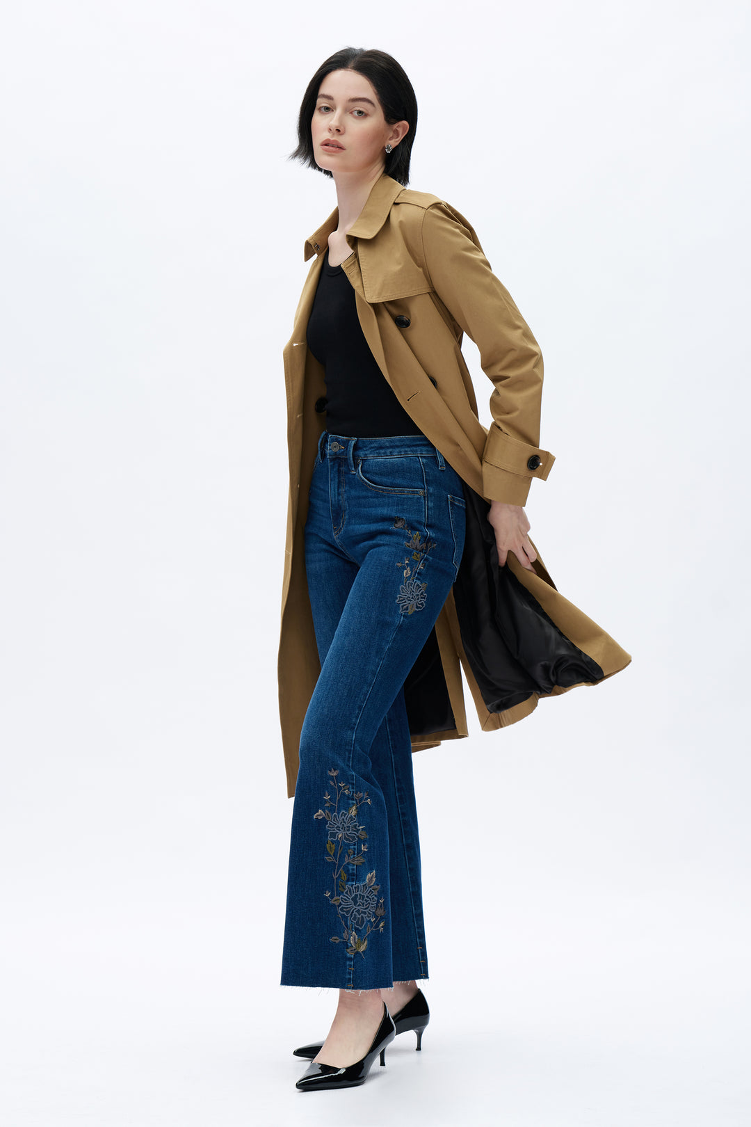 Bayeas Wildflower Trail wide-leg jeans featuring a relaxed fit, floral print accents, and classic dark denim styling.