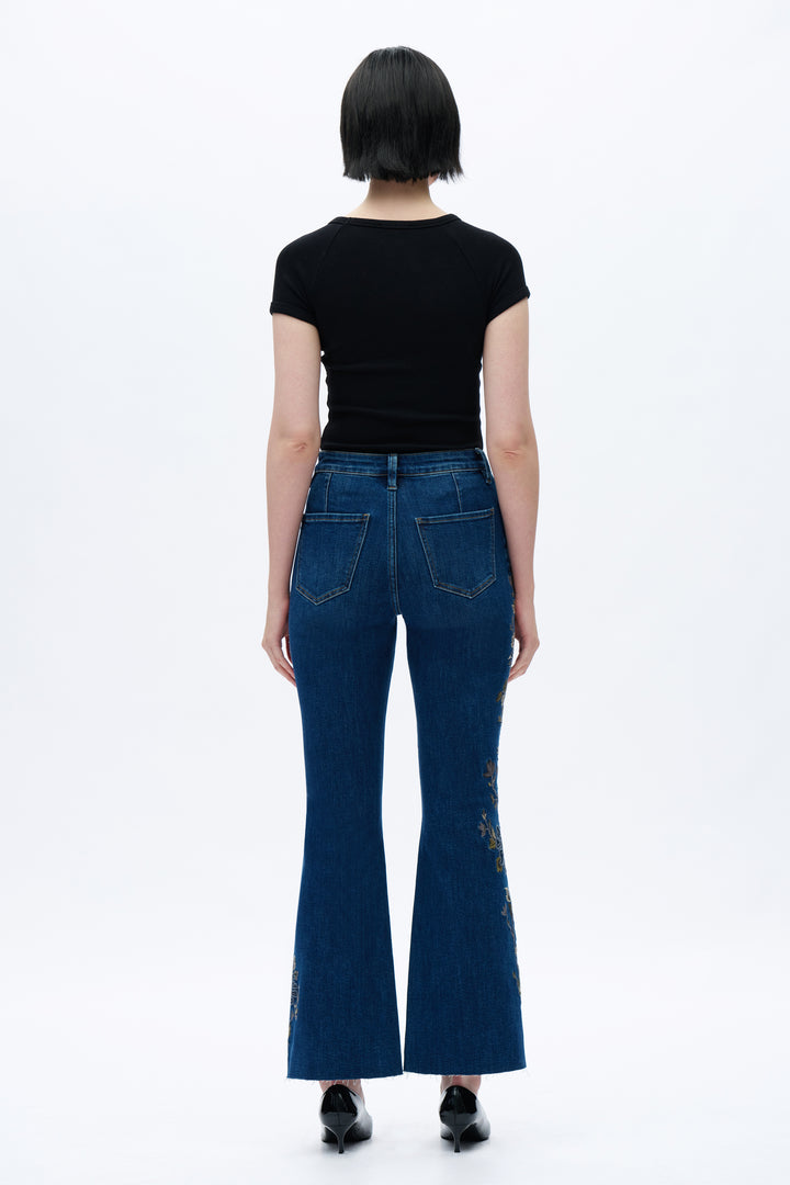 Bayeas Wildflower Trail wide leg jeans featuring floral embroidery and relaxed fit dark denim for a casual, boho stylish look.