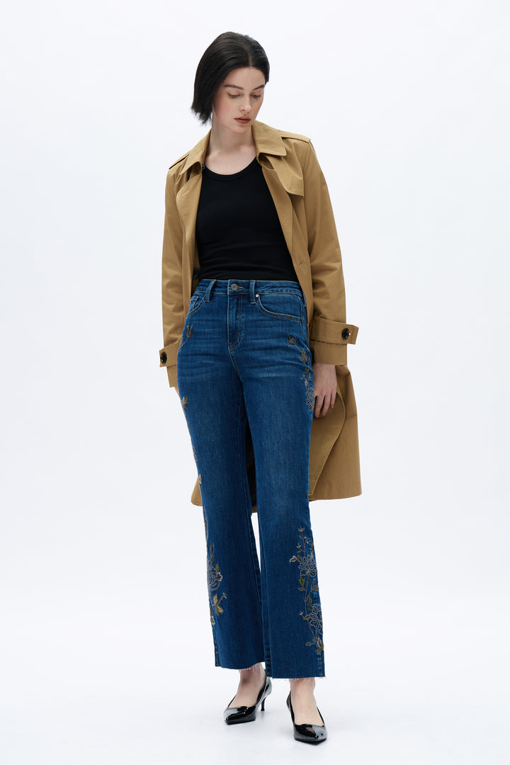 Bayeas Wildflower Trail wide leg jeans featuring a relaxed fit, classic denim look, and floral-inspired dark design details.