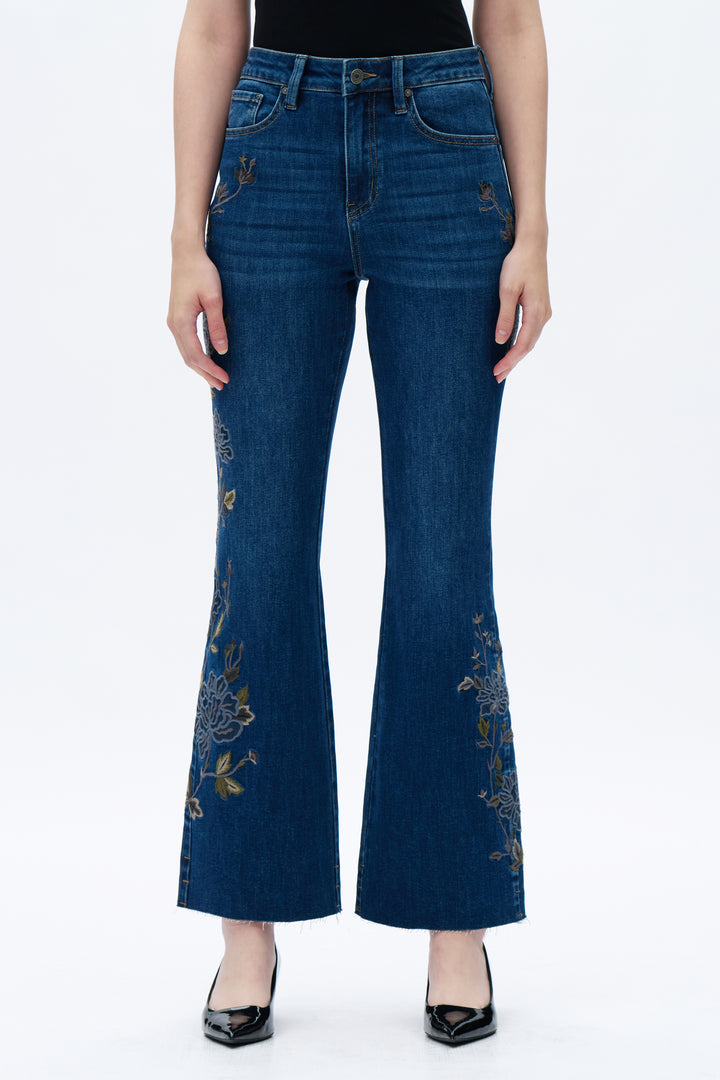 Bayeas Wildflower Trail wide-leg jeans featuring a relaxed flare fit, floral embroidery details, and classic dark denim styling.