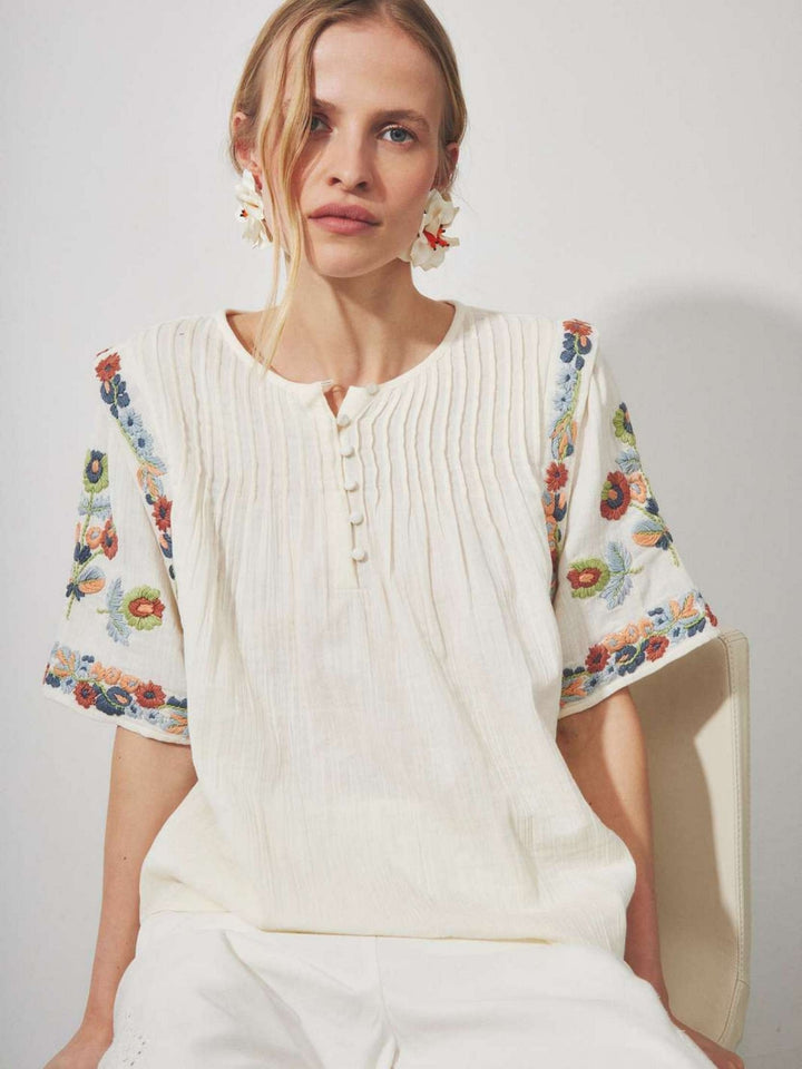 Louizon floral embroidered blouse top with intricate floral detailing, lightweight fabric, and stylish design perfect for casual or dressy wear.