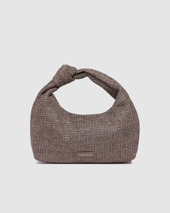 Louenhide Bahama Raffia Shoulder Bag with woven straw texture and knotted shoulder strap, stylish and lightweight for casual wear.