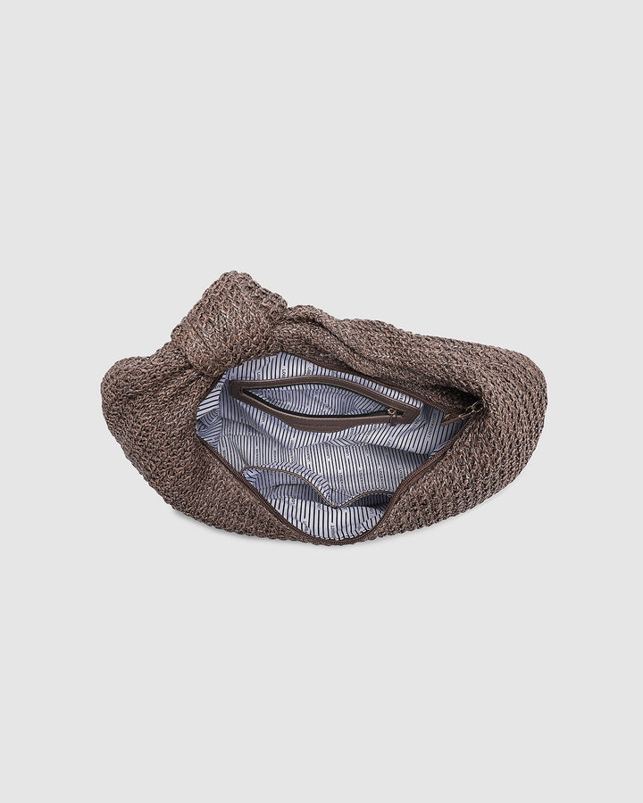 Louenhide Bahama Raffia Shoulder Bag with woven texture and a knotted strap, stylish and lightweight for casual daily use.