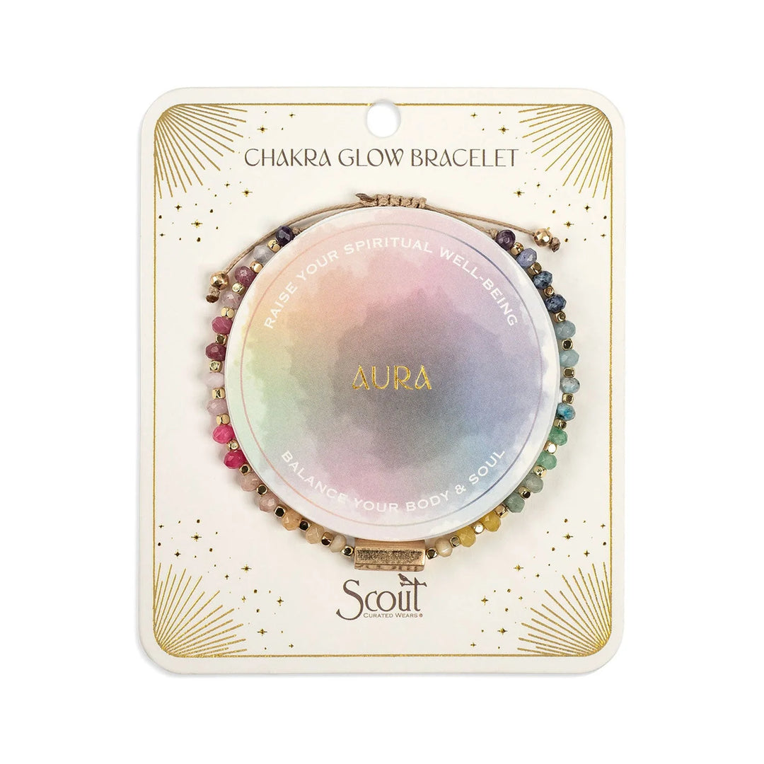 Scout Chakra Glow Beaded Bracelet featuring colorful beads and a radiant aura-inspired design on a stretch cord.