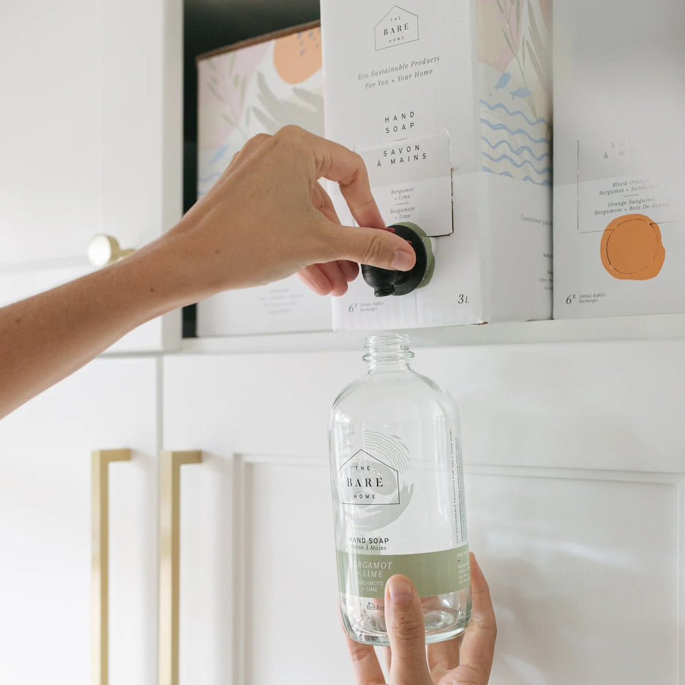 Bergamot and lime dish soap refill case by The Bare Home, showing the clean, eco-friendly packaging for kitchen dishwashing.