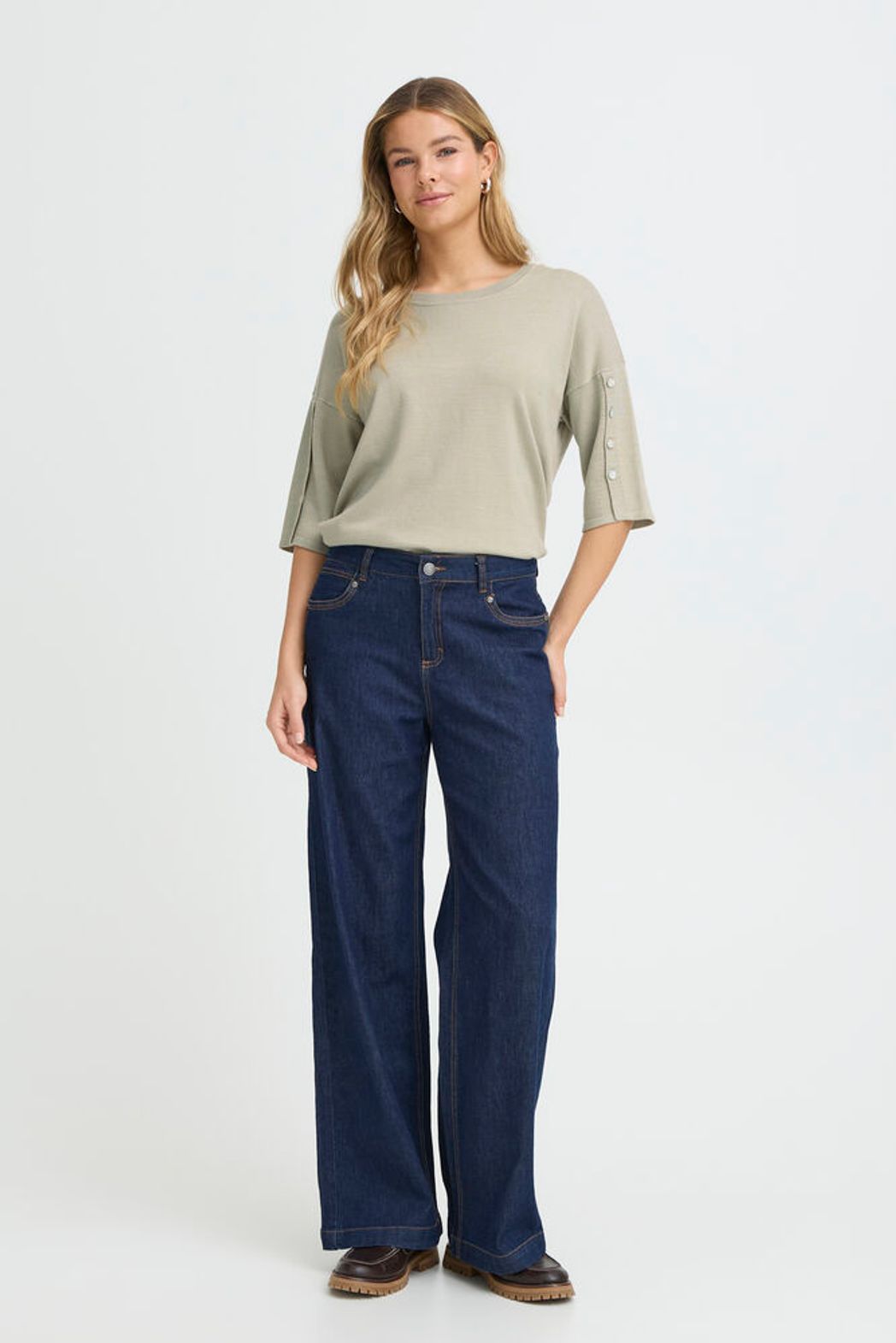 FRANSA Desert Sage knit top featuring a cozy, textured fabric with a relaxed fit and 3/4 sleeves, perfect for casual wear.