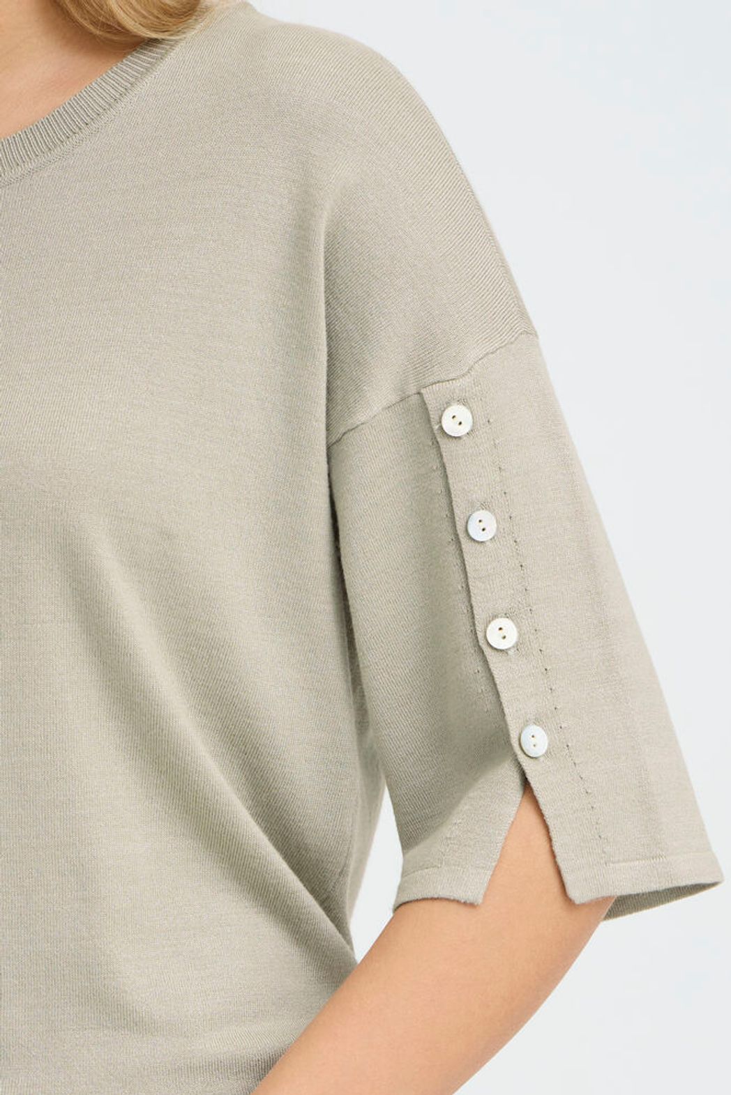 FRANSA Desert Sage knit top featuring a soft  fabric with a relaxed fit and 3/4 sleeves with button detail.