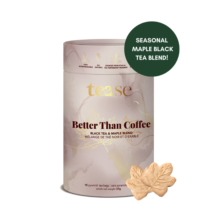 Tea canister labeled 'Better Than Coffee' with a leaf decoration on a white background