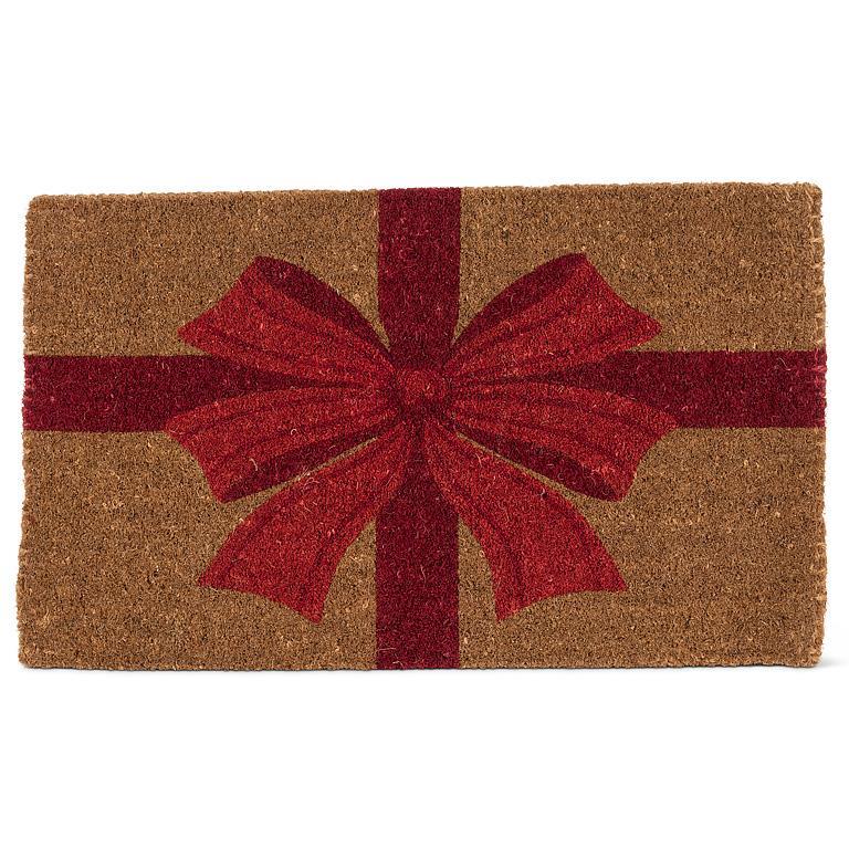 Abbott holiday bow coir door mat with festive red and green design for seasonal home decor.