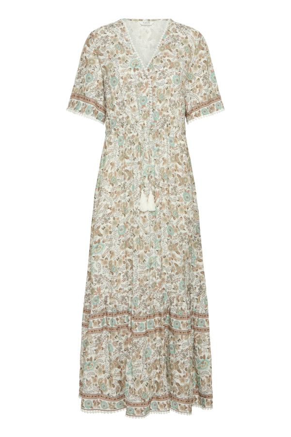 light green, beige and cream boho floral  maxi dress with tassel tie at waist and embroidered trim at v neckline. 
