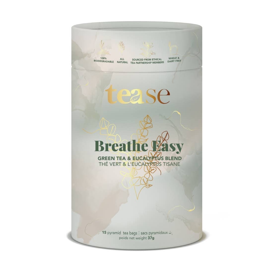 Tea canister labeled 'tease Breathe Easy' with green tea and eucalyptus blend on a white background