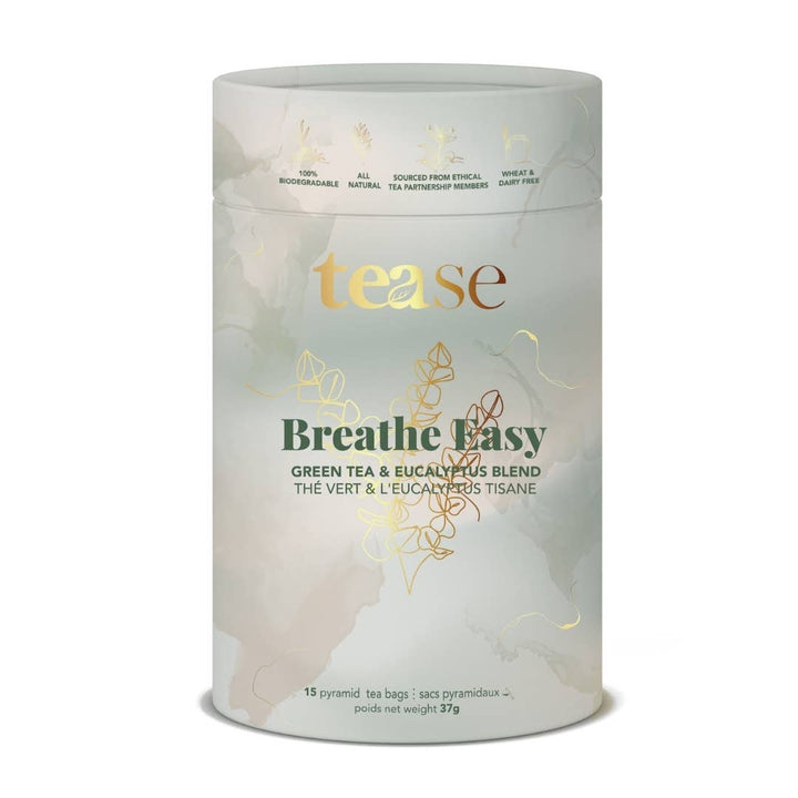 Tea canister labeled 'tease Breathe Easy' with green tea and eucalyptus blend on a white background
