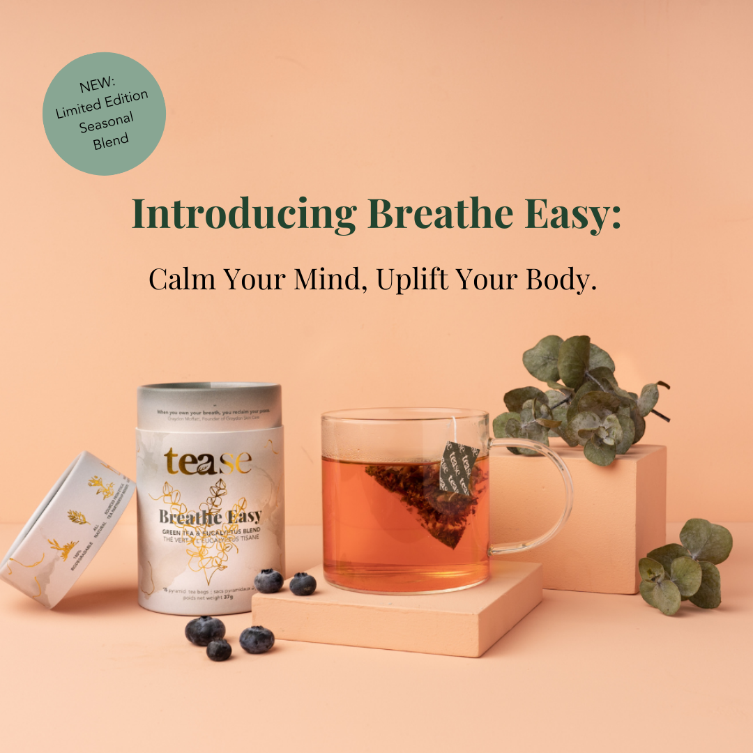 Breathe Easy Green and Herbal tea packaging and cup with 'tease' brand on a peach background
