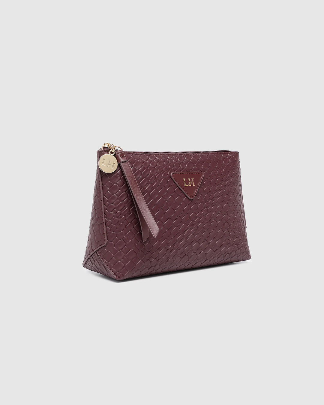 Maroon textured pouch with a strap on a light gray background