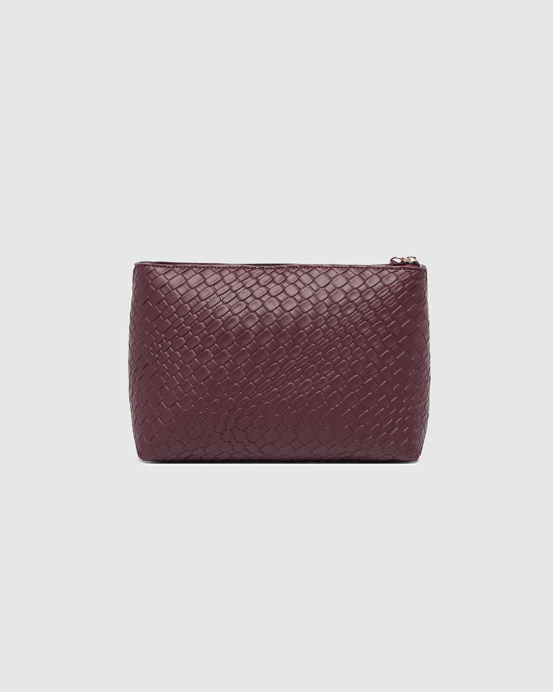 Woven leather pouch in burgundy on a light gray background