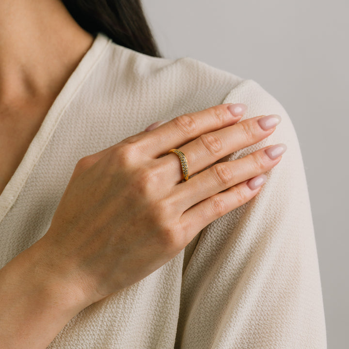 Lover's Tempo Gold Crest Dome Ring featuring a smooth, rounded gold band with sparkling cubic zirconia accents for elegant style.