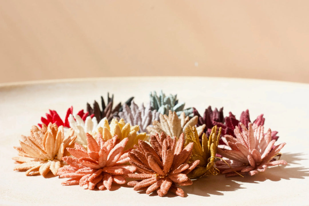 Ilk Jewelry chrysanthemum flower earring with detailed petal design, gold-tone metal, and elegant floral-inspired jewelry.