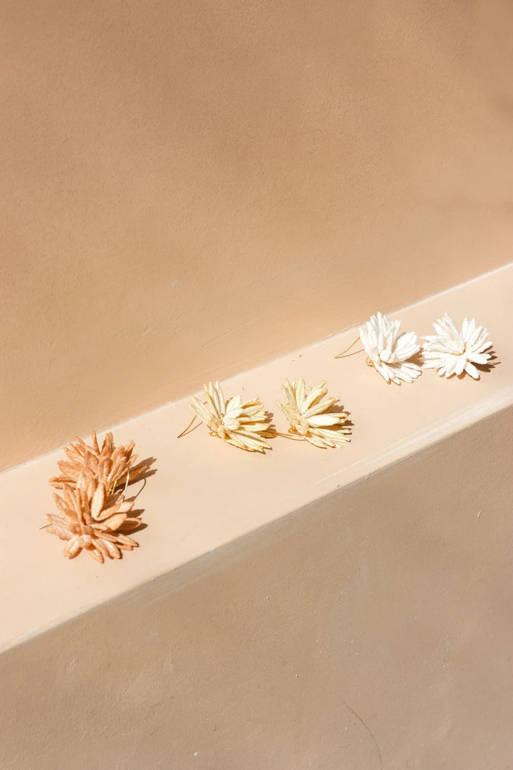 Ilk Jewelry chrysanthemum flower earring featuring a detailed floral design in vintage lace and gold-tone metal.