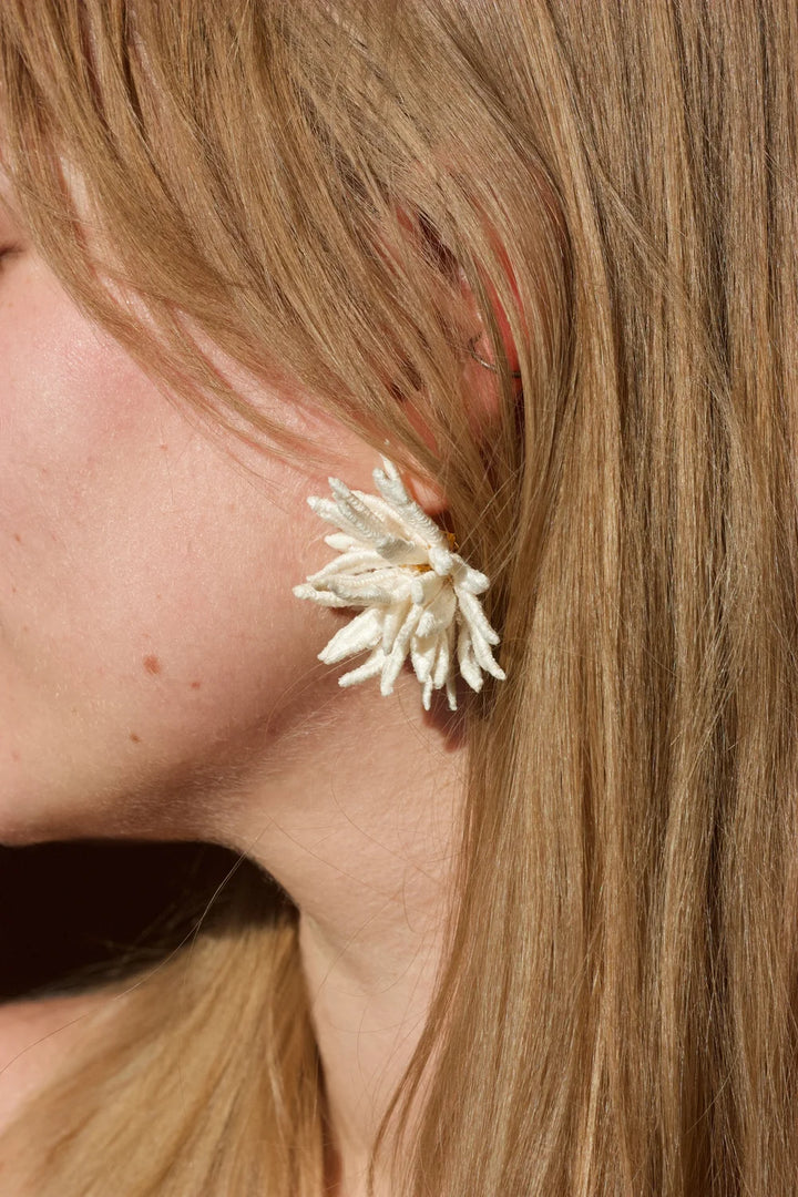 Ilk Jewelry chrysanthemum flower earring featuring detailed floral design in vintage lace and  in gold-tone metal.