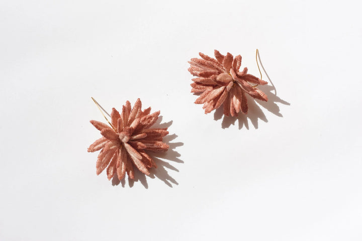 Ilk Jewelry chrysanthemum flower earring with detailed floral design in vintage lace and gold-tone finish, showcasing a delicate and elegant accessory.