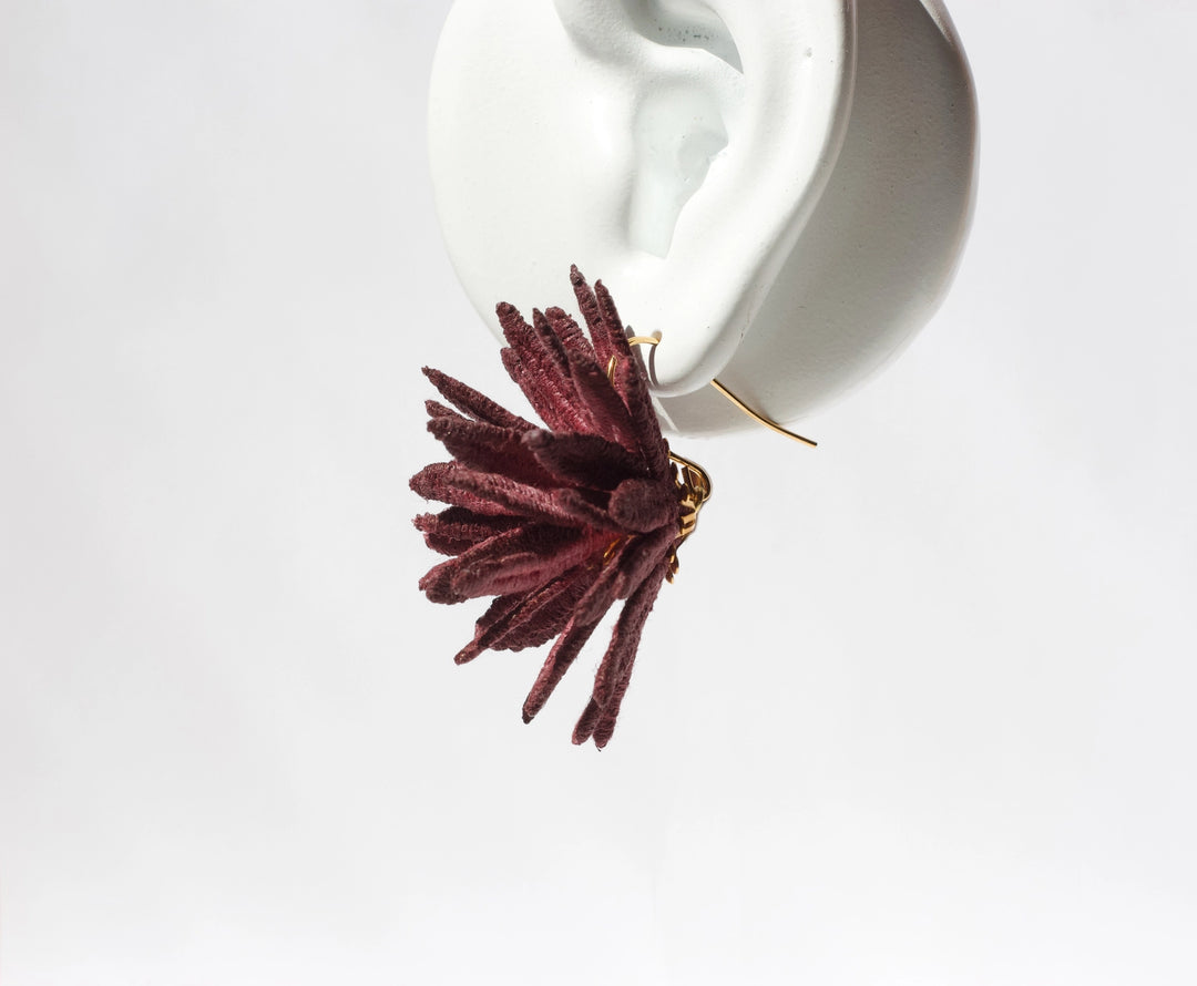 Burgundy Chrysanthemum lace earring by Ilk Jewelry featuring floral design and intricate detailing, perfect for floral-inspired jewelry.