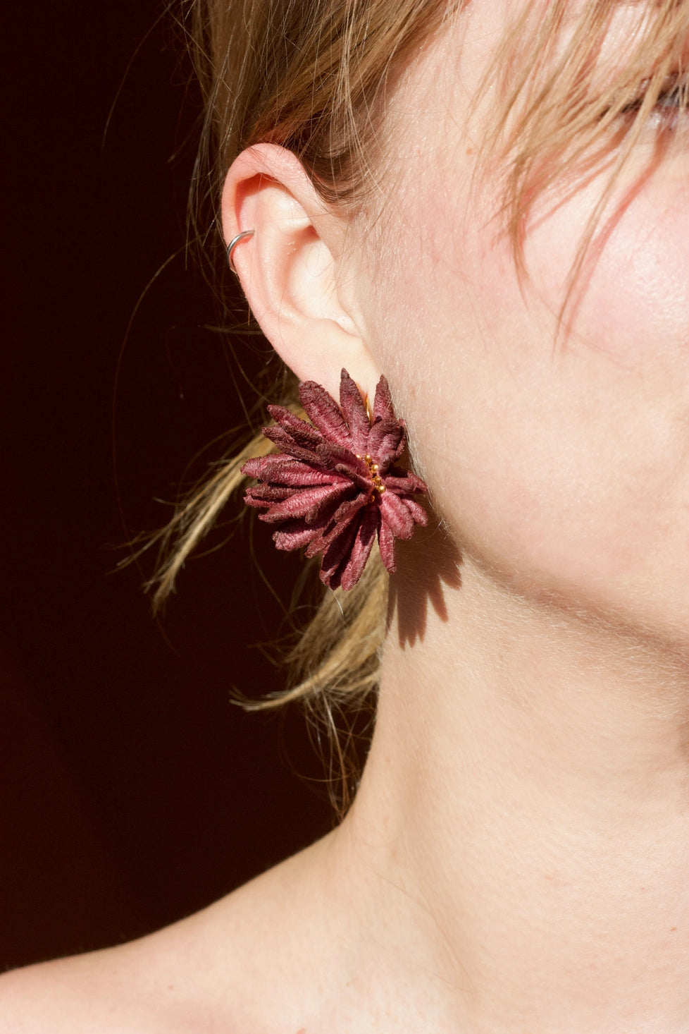 Burgundy chrysanthemum lace earring by Ilk Jewelry with intricate floral design and delicate details, perfect for elegant accessories.