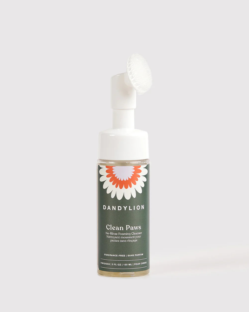 Dandylion Clean Paws No-Rinse Foaming Pet Cleanser showing foaming pump and clean dog paws for easy grooming