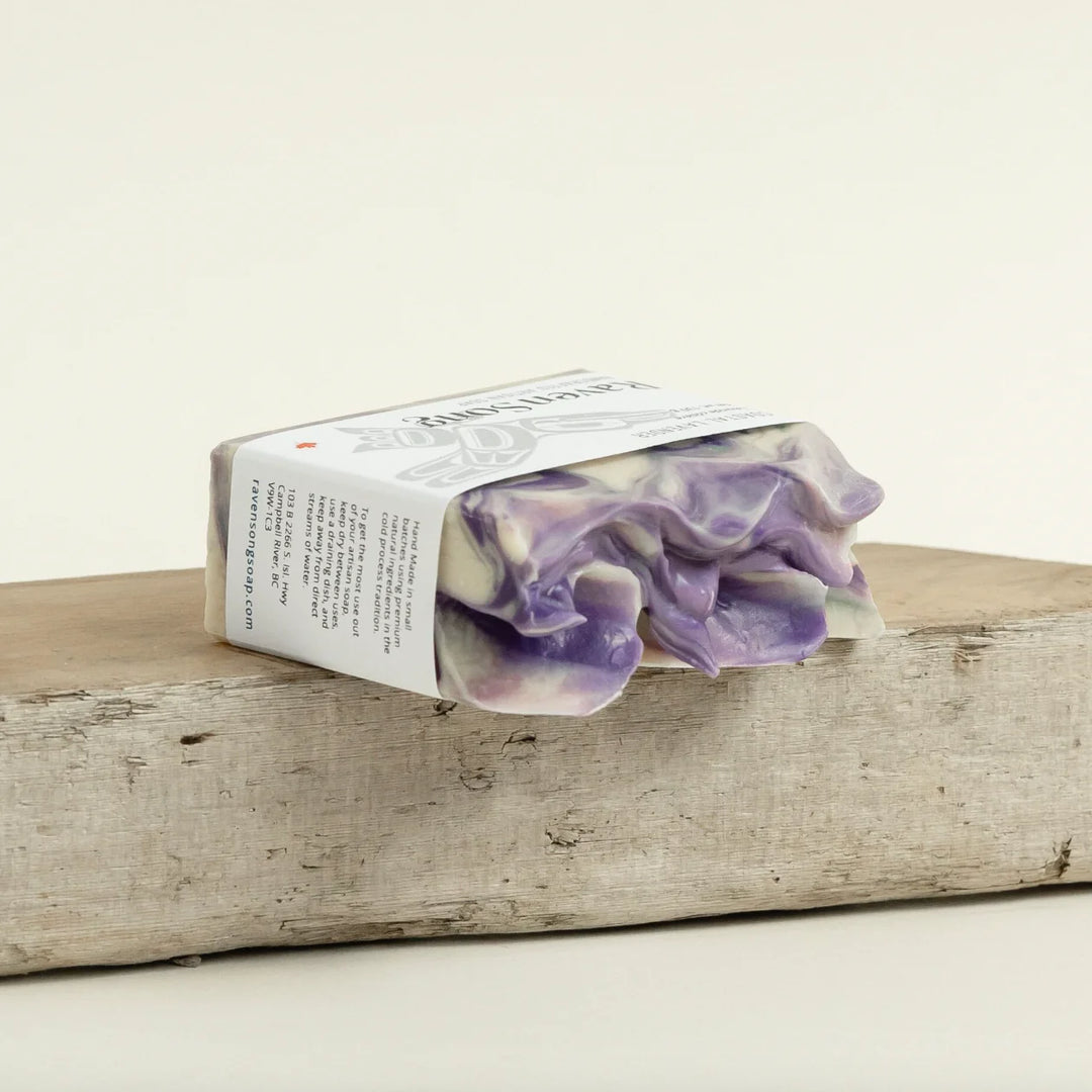 RavenSong Soap & Candle Coastal Lavender artisan soap with BC organic essential oil, featuring a bar with lavender scent and natural ingredients.