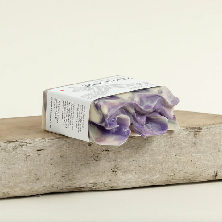 RavenSong Soap & Candle Coastal Lavender artisan soap with BC organic essential oil, featuring a bar with lavender scent and natural ingredients.
