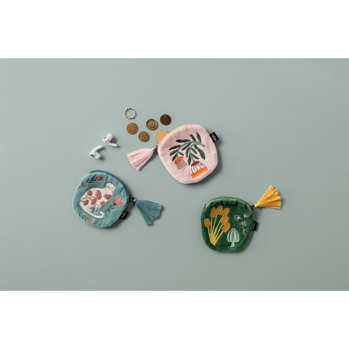 Danica Wee Things embroidered coin purse pouch with colorful floral embroidery on soft velvet fabric.