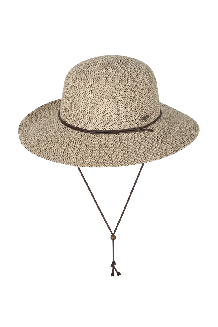 Kooringal Coolamon wide brim sun hat with a straw-like texture and a comfortable chin strap for sun protection.