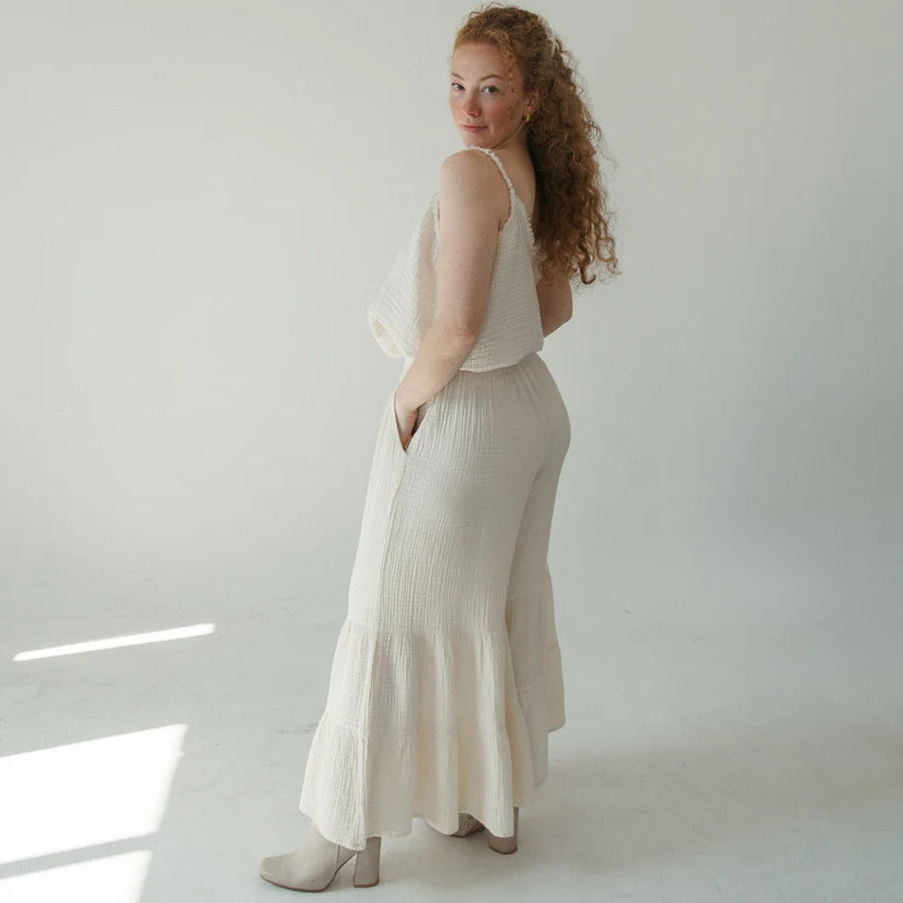 Pokoloko crinkle cotton ruffled pants featuring a relaxed fit and ruffled wide leg, perfect for casual and boho style.