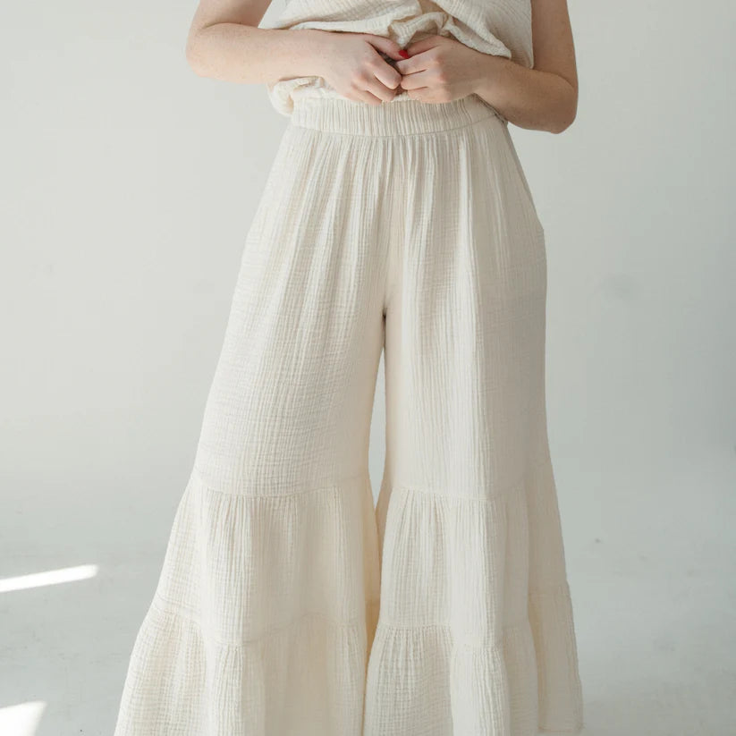Pokoloko crinkle cotton ruffled pants with a loose fit and ruffled tiers on a wide leg, lightweight and comfortable.