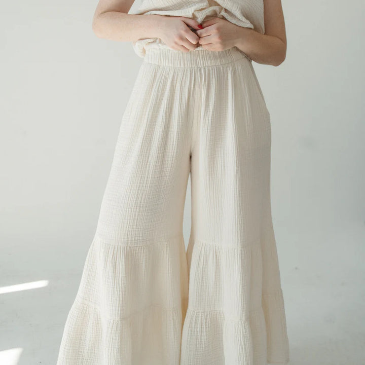 Pokoloko crinkle cotton ruffled pants with a loose fit and ruffled tiers on a wide leg, lightweight and comfortable.