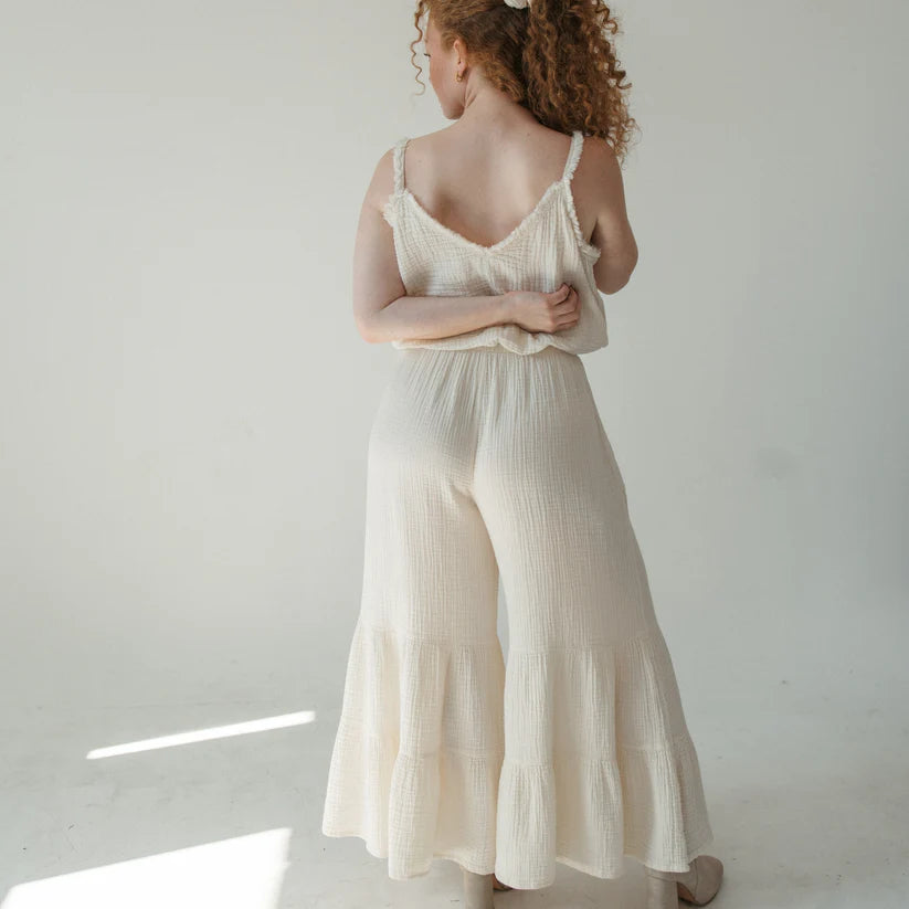 Pokoloko crinkle cotton ruffled pants featuring a relaxed fit, elastic waistband, and stylish ruffle details on the legs.